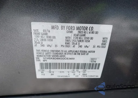 2016 Ford Explorer Xlt из США, поврежденный, VIN 1FM5K8D88GGC63400